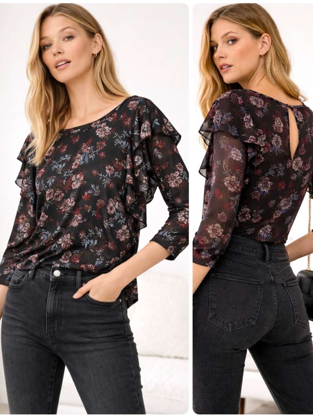 Free People Dock Street Black Floral Ruffle Blouse Boho Romantic Flowy Size Med